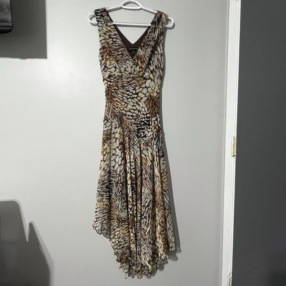Chris McLaughlin Dress Size 8 Brown Abstract Print Chiffon Handkerchief Hem